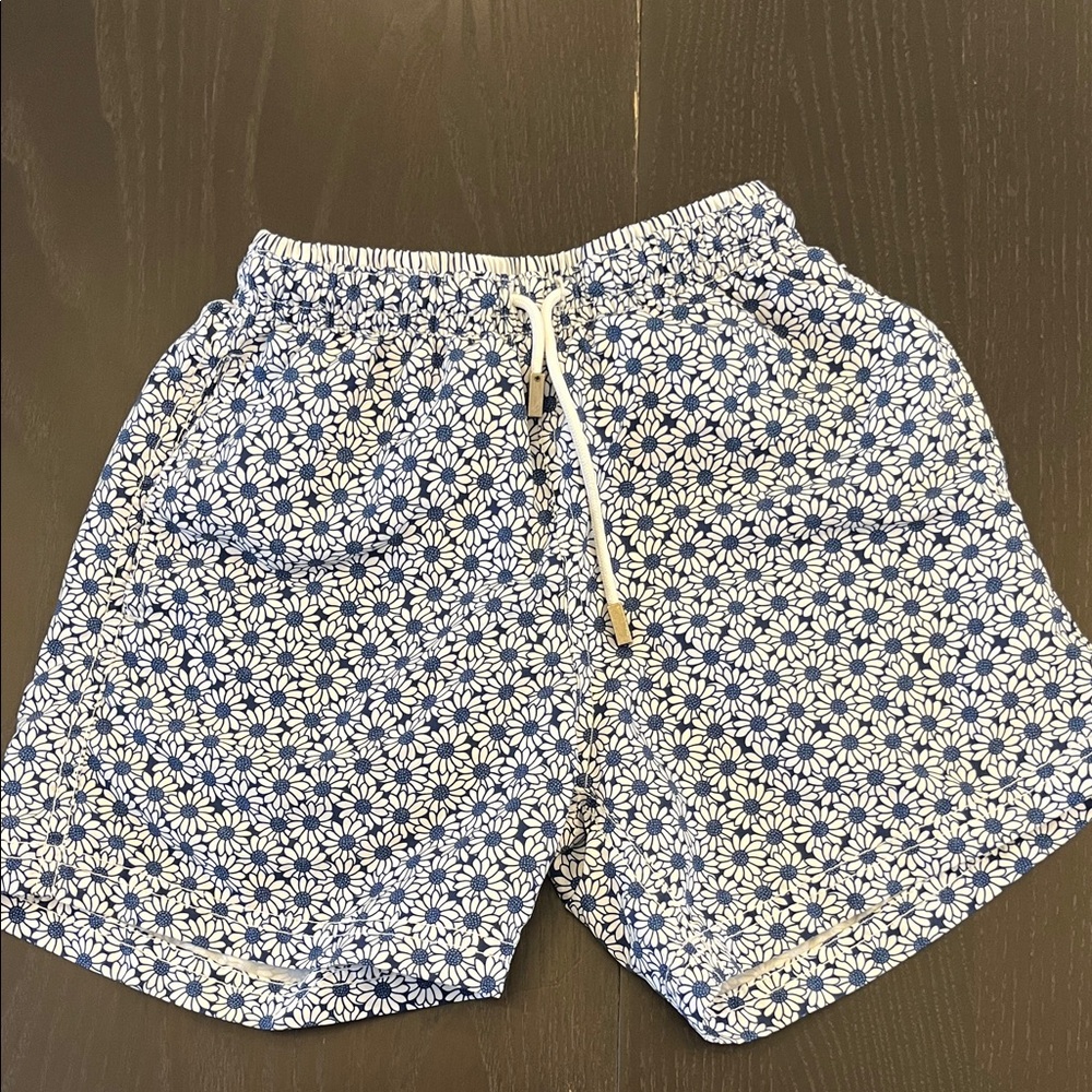 Kids Blue Floral Swim Trunks